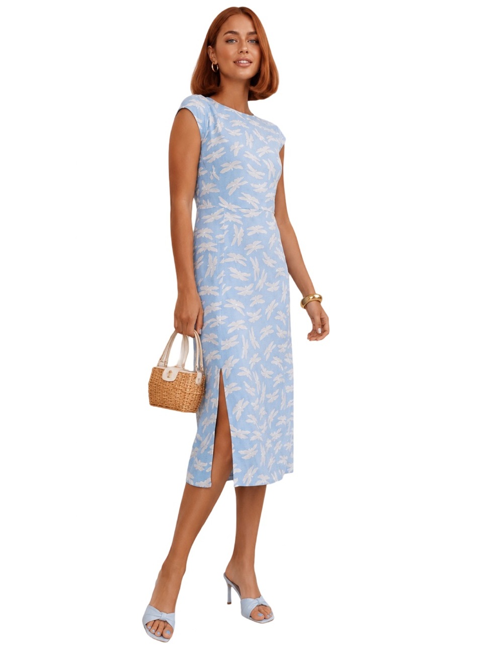 LOFT Light Blue Dragonfly Print Midi Retro Vintage Silhouette Dress NEW